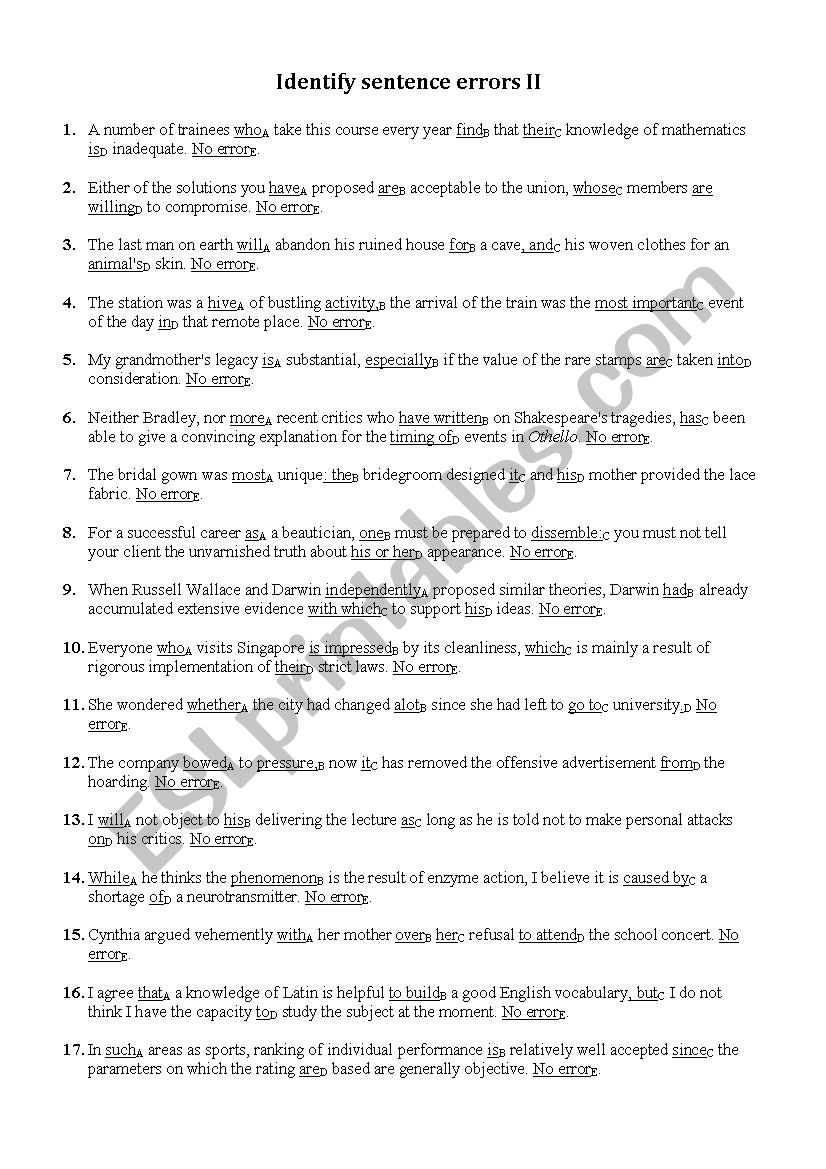 Identify Sentence Errors Ii Esl Worksheet By Syasa