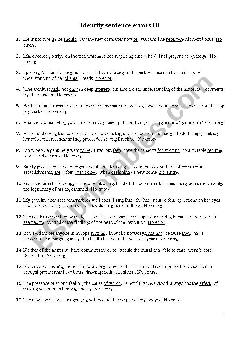 Identify sentence errors III worksheet