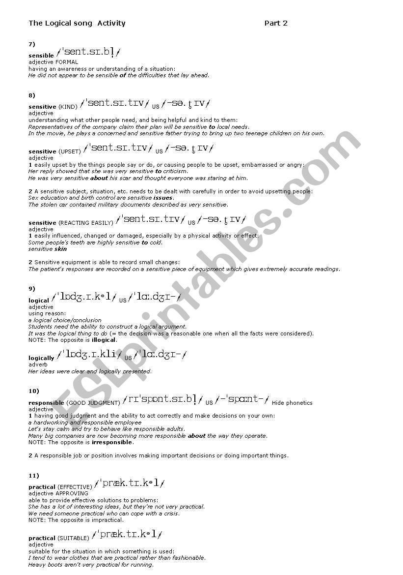 The Logical Song Grammar  worksheet