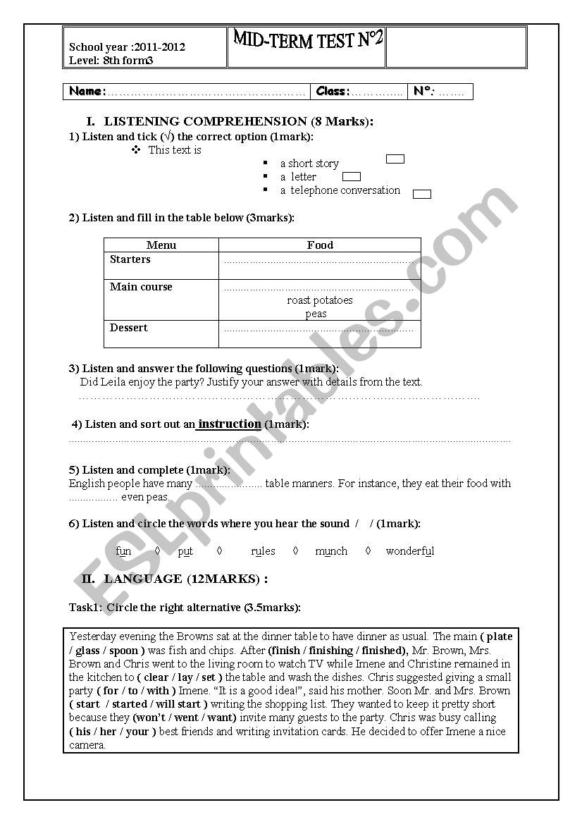 8th form mid term test n 2 worksheet