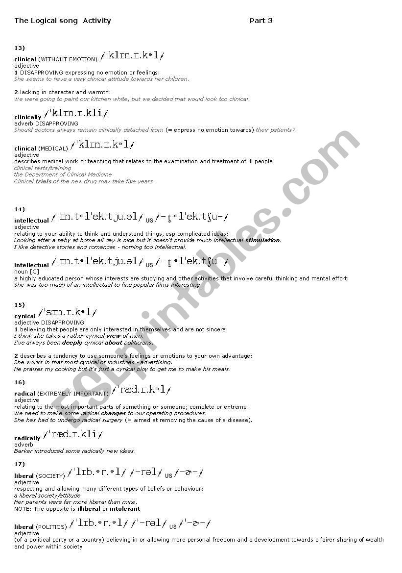 The Logical Song Part 3  worksheet