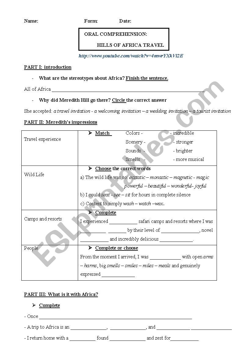 vacation in Africa worksheet