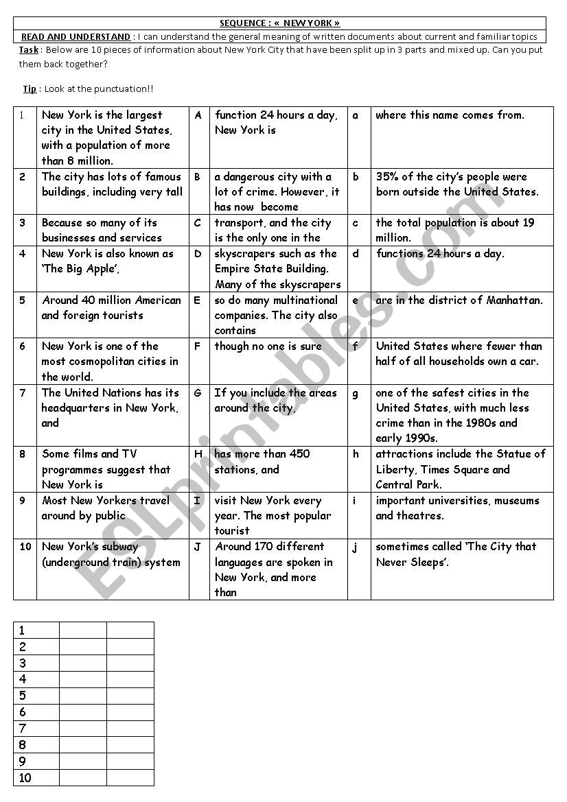 New York City  worksheet