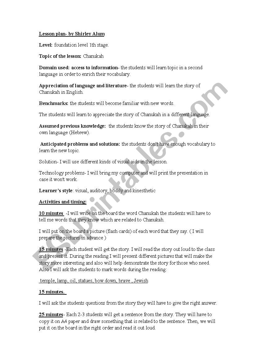 Hanukah worksheet