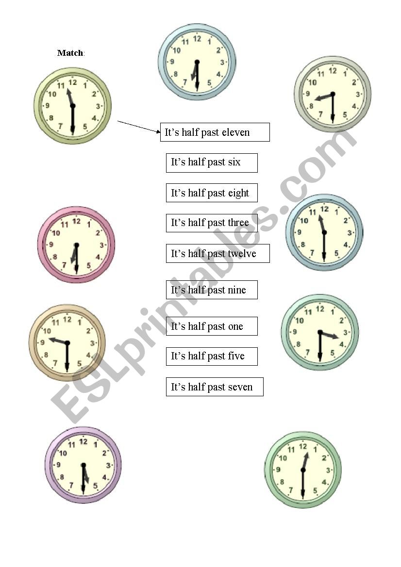 Match the time (half past) worksheet