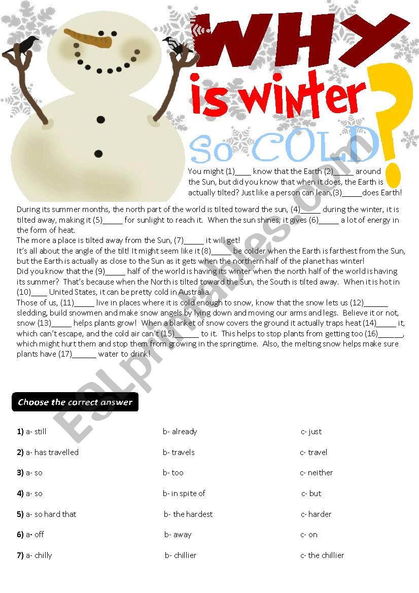 Cloze Test+Writing- Why is winter so cold?(key is given)