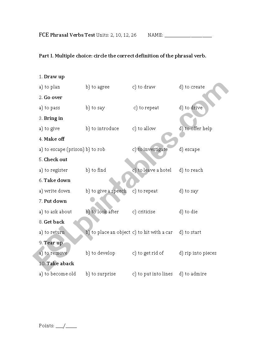 2 Phrasal Verbs Tests (FCE & PET) with ANSWER KEY