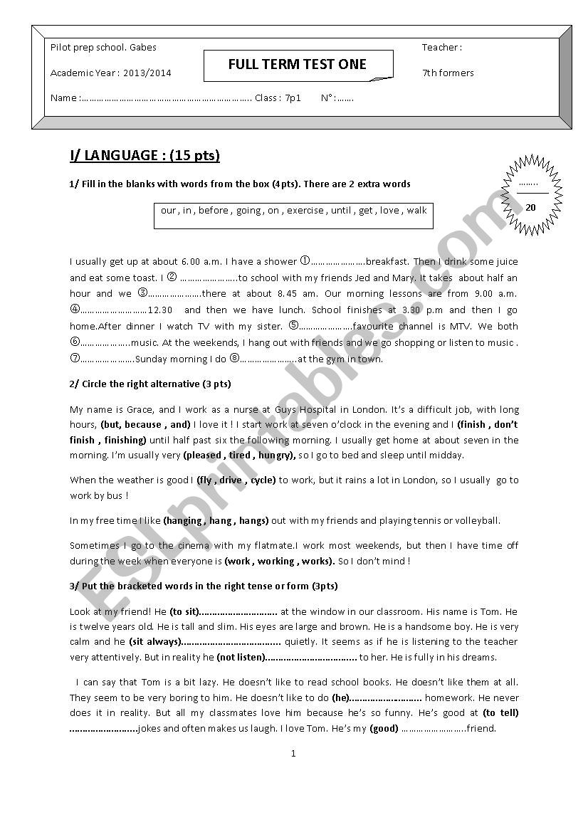 end of term test 1 7th form worksheet