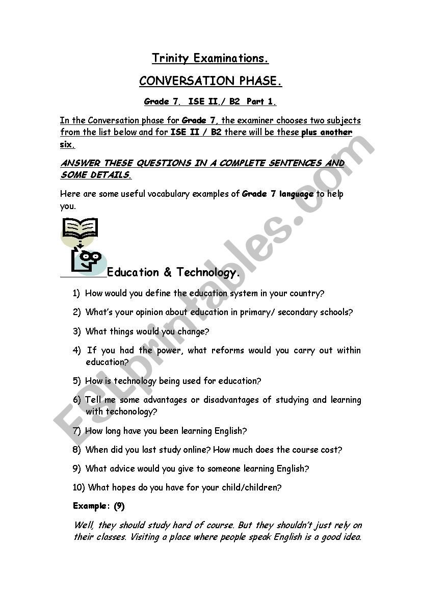 TRINITY ISE II / B2 GRADE 7 CONVERSATION PHASE SPEAKING - ESL worksheet by teacheralqueria