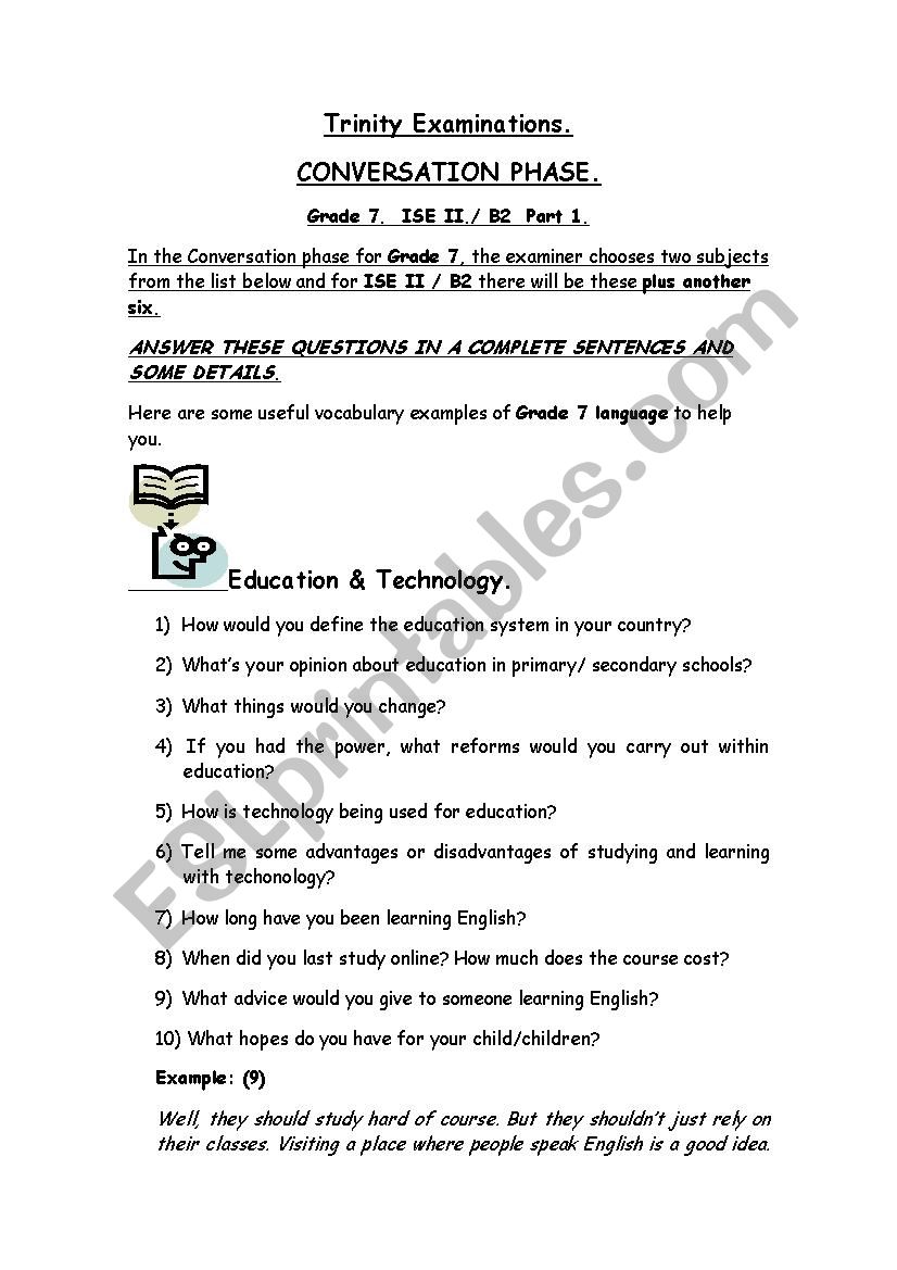 TRINITY ISE II B2 GRADE 7 CONVERSATION PHASE SPEAKING ESL