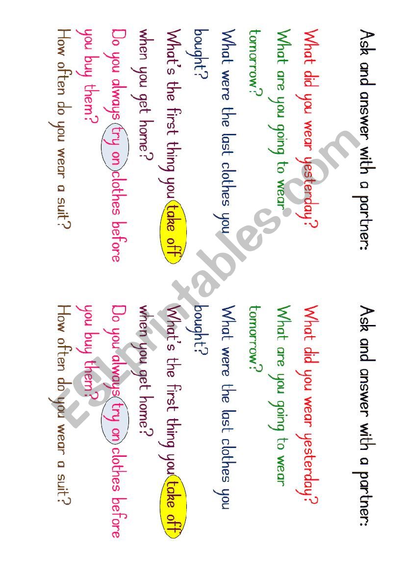 Clothes pairwork worksheet