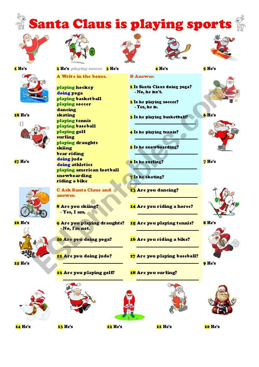 Santa Claus playing sports worksheet