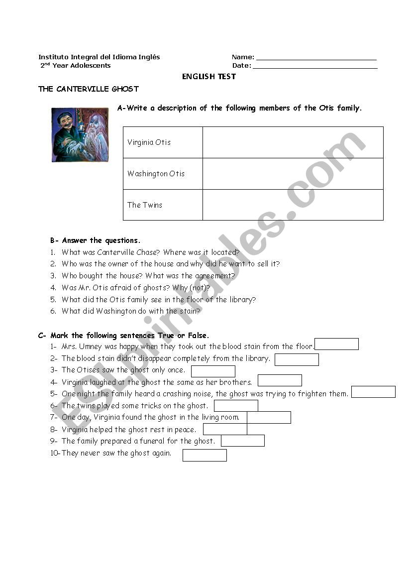 The Canterville Ghost Quiz ESL worksheet by rvrvale