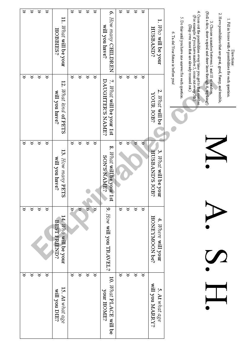 MASH - find out your future! worksheet
