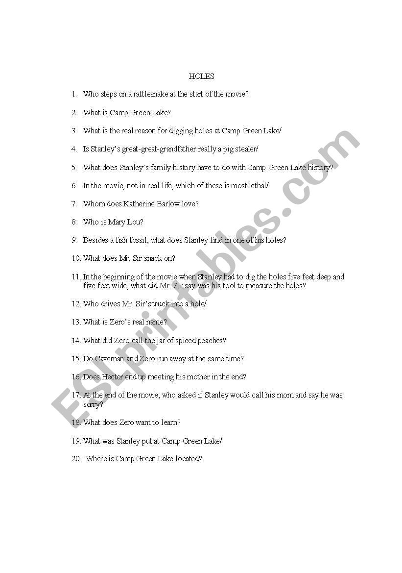 Holes Movie quiz worksheet