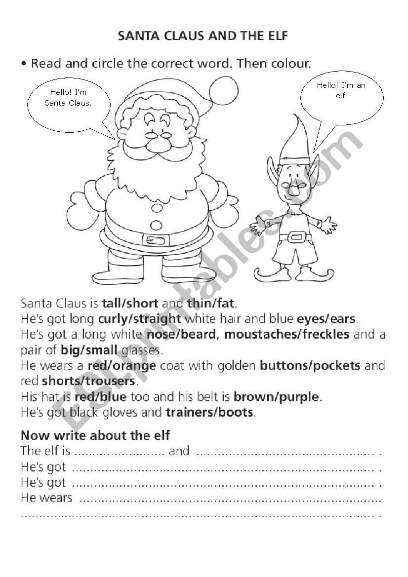 Santa Claus and an elf worksheet