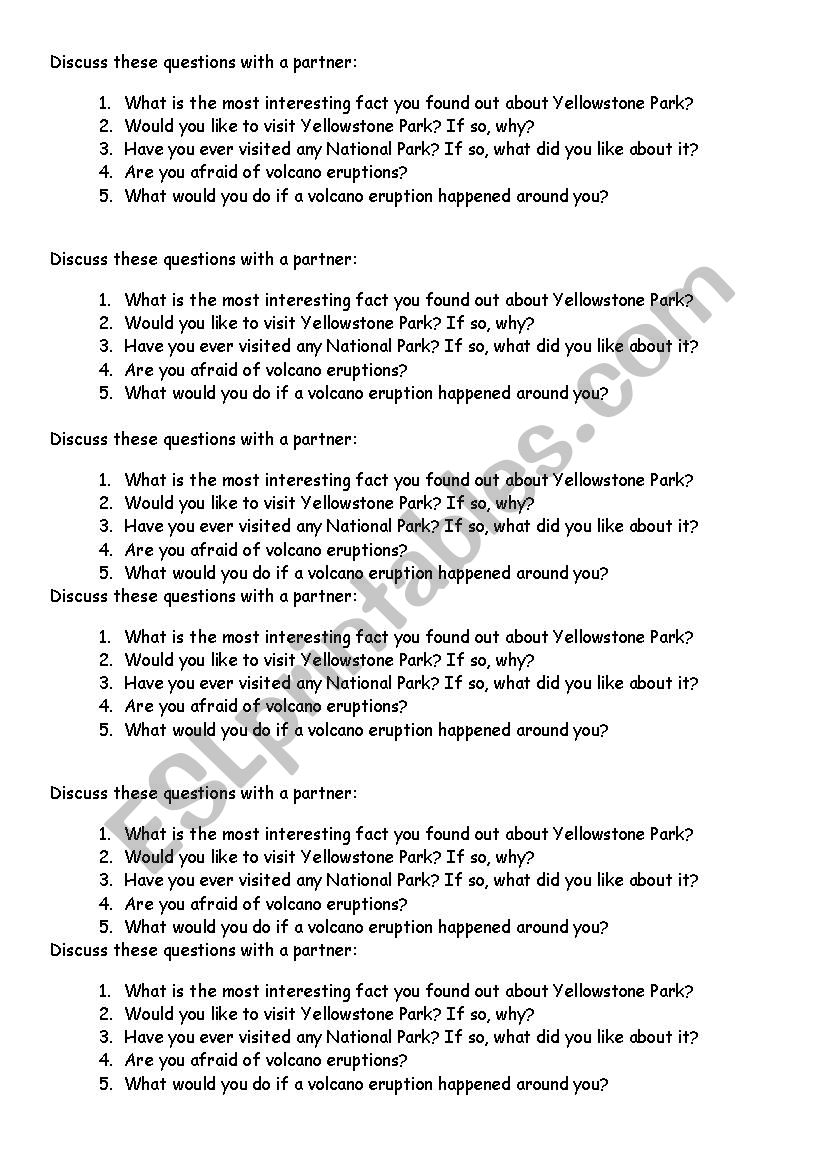 5 questions Yellowstone worksheet