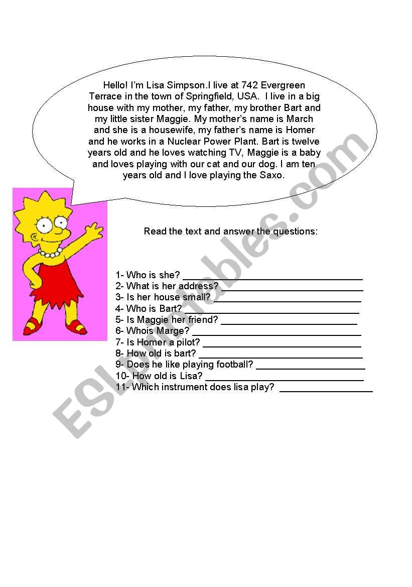 Lisa simpson life worksheet