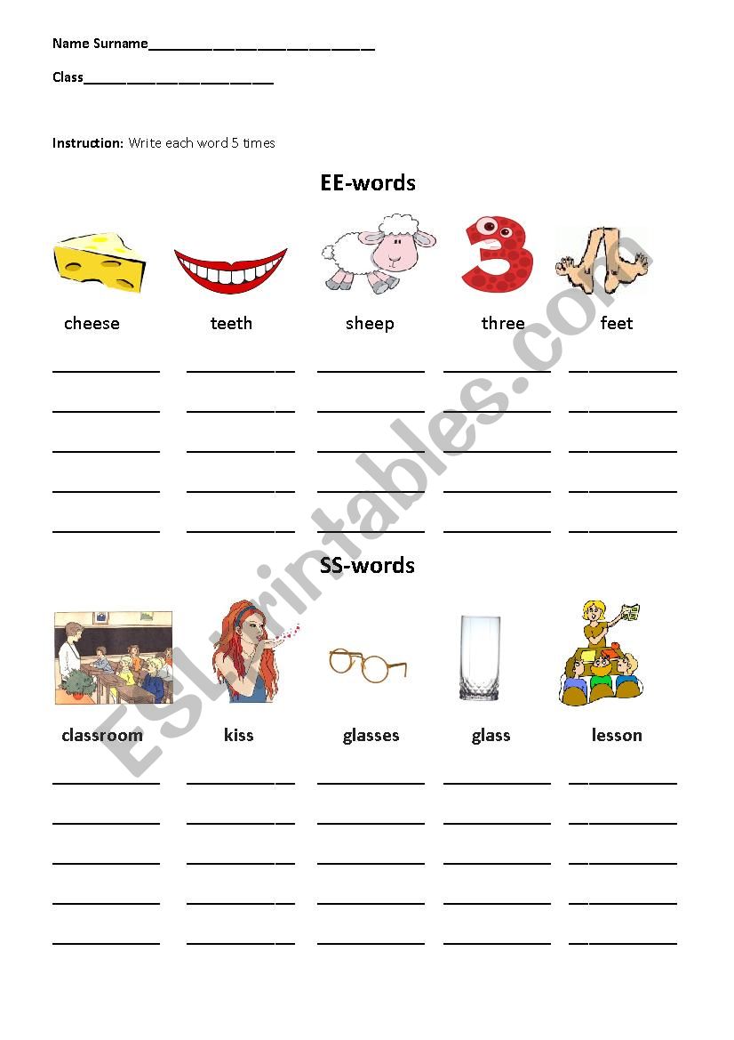 digraphs ee and ss worksheet
