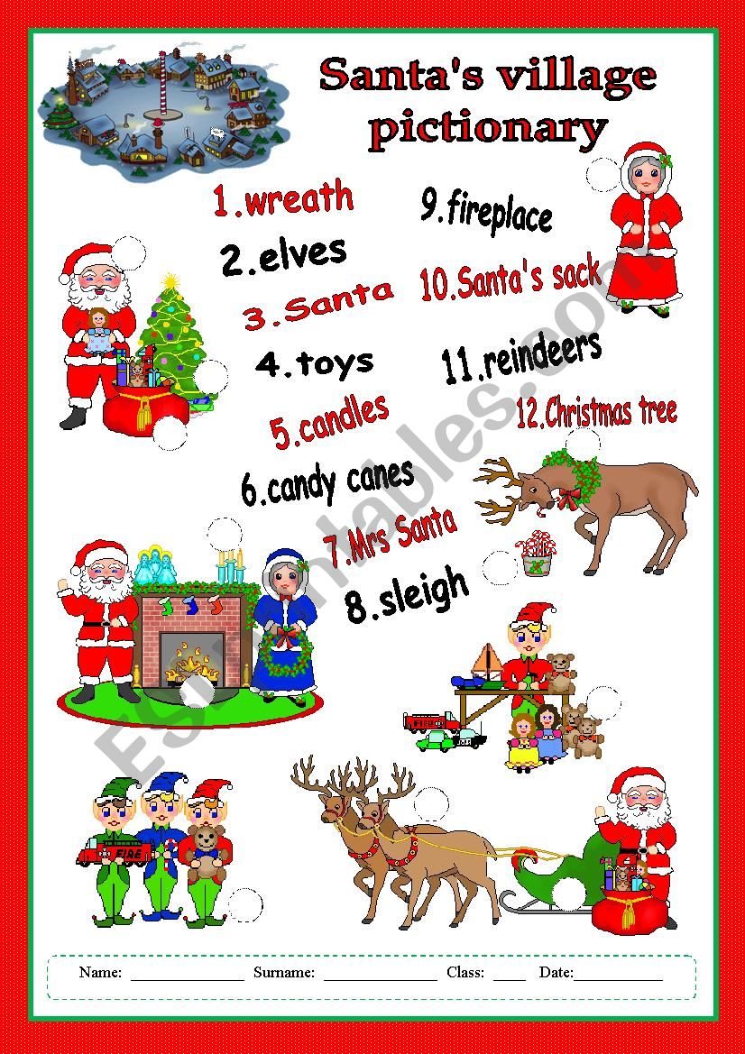 Santas village pictionary worksheet