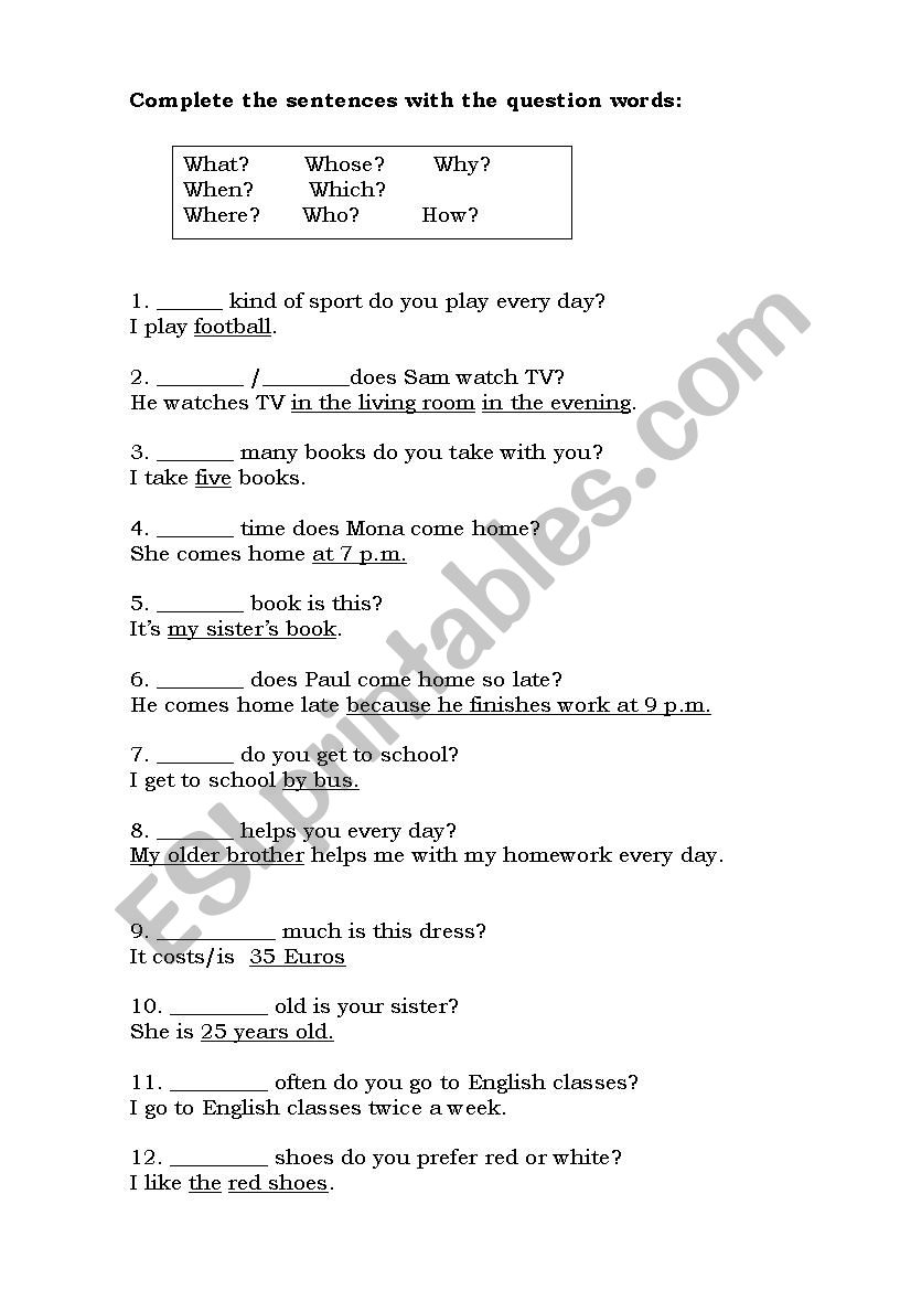 question words worksheet