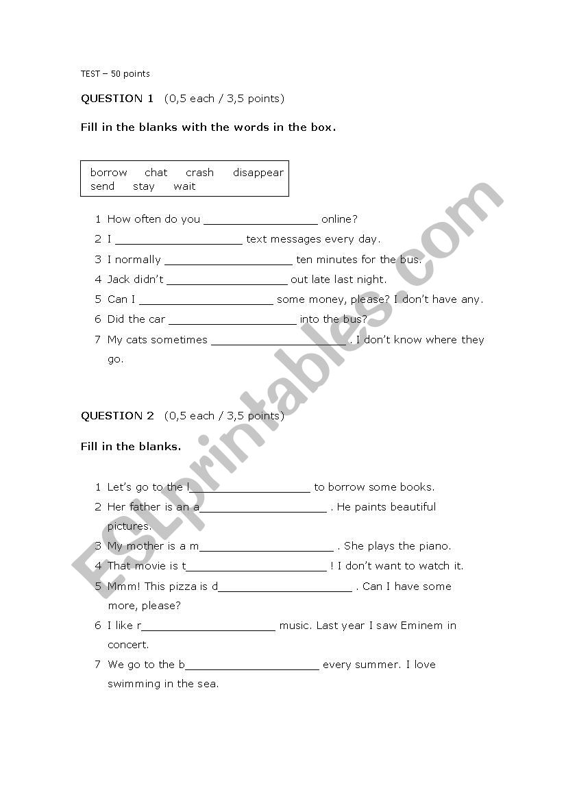 TEST 1st part worksheet