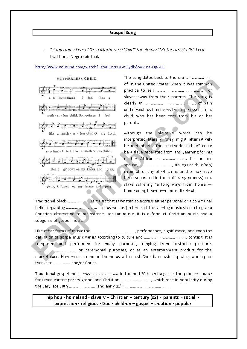 Gospel Song worksheet