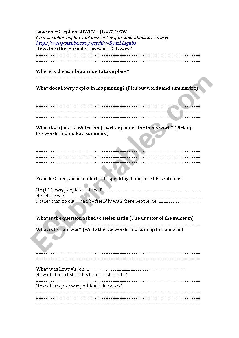 L.S LOWRY - EXHIBITION  worksheet