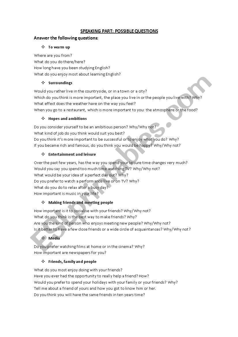 Possible questions worksheet