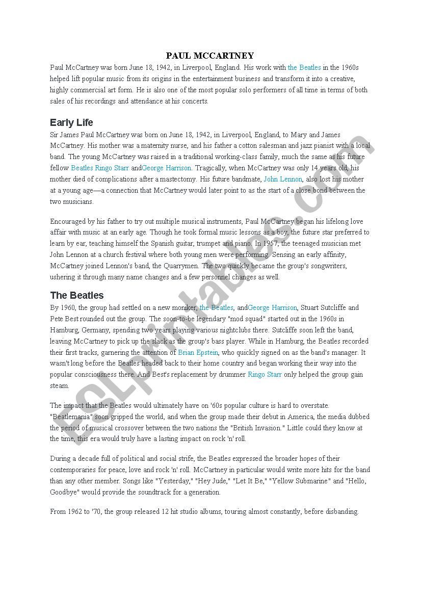 The life of Paul Mccartney worksheet