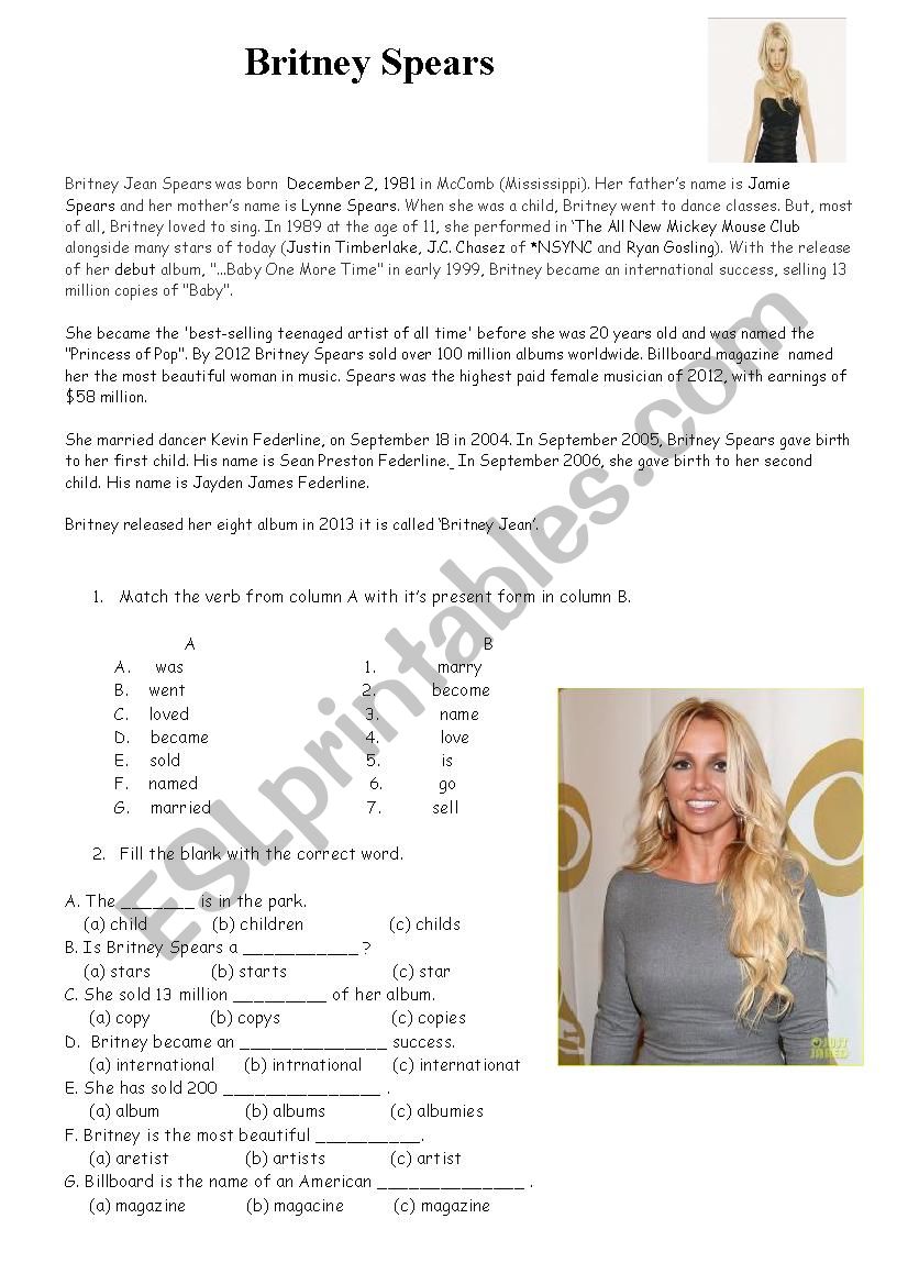 Britney Jean Spears worksheet