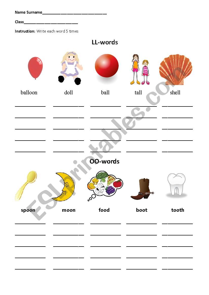 digraphs oo and ll worksheet