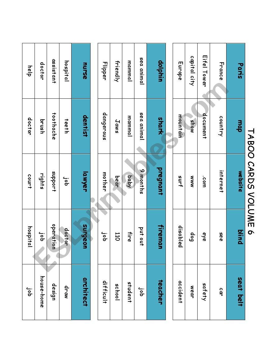 Taboo Cards Volume 6 worksheet