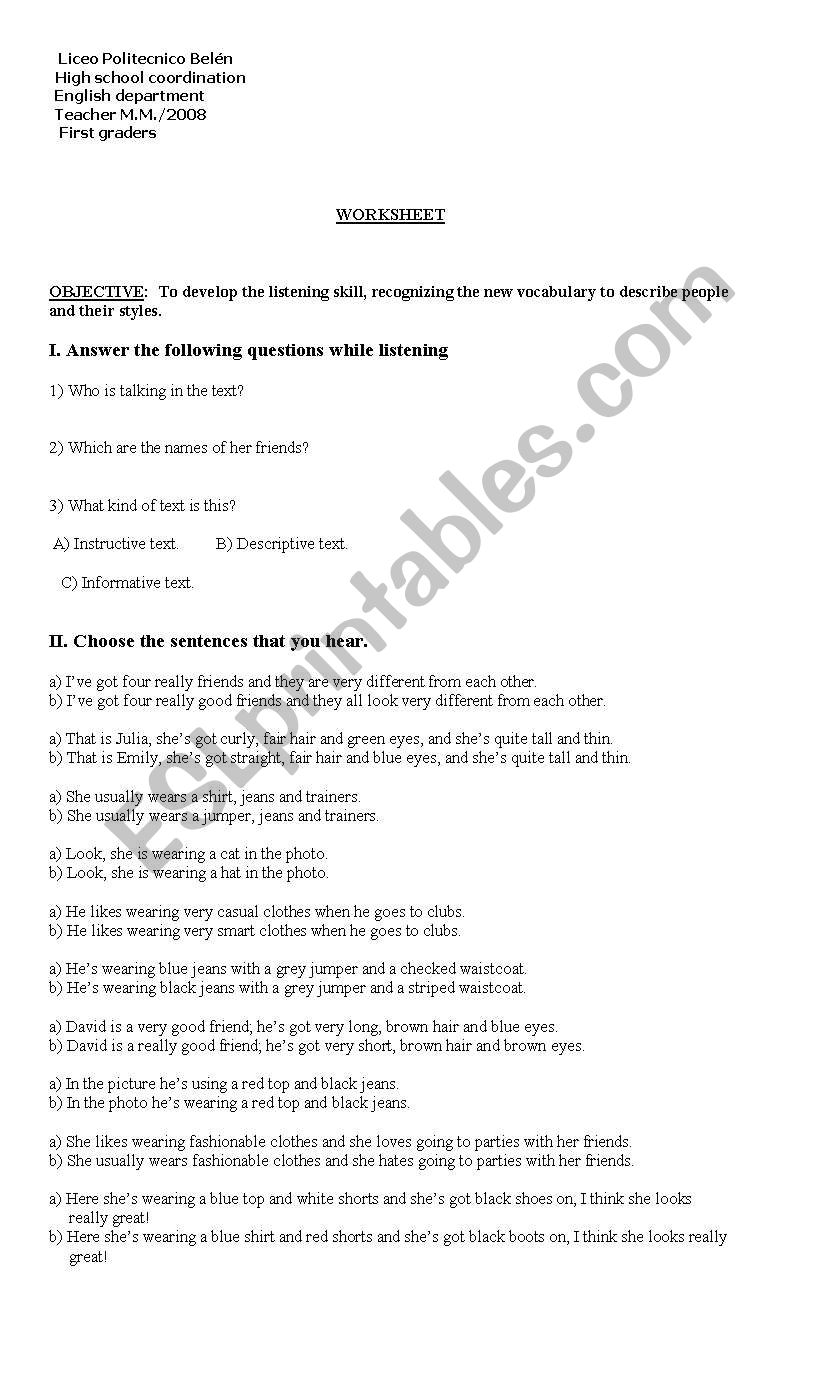 describing people worksheet