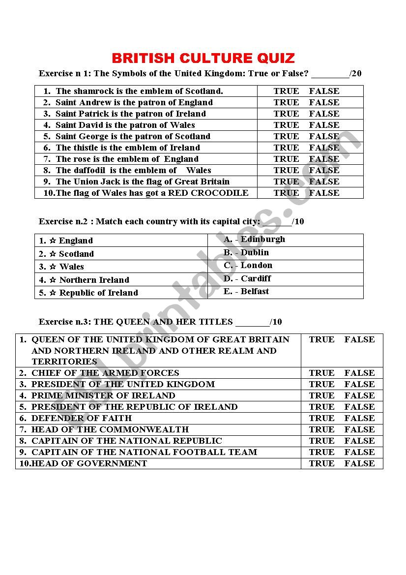 BRITISH CULTURE QUIZ worksheet BRITISH CULTURE QUIZ worksheet