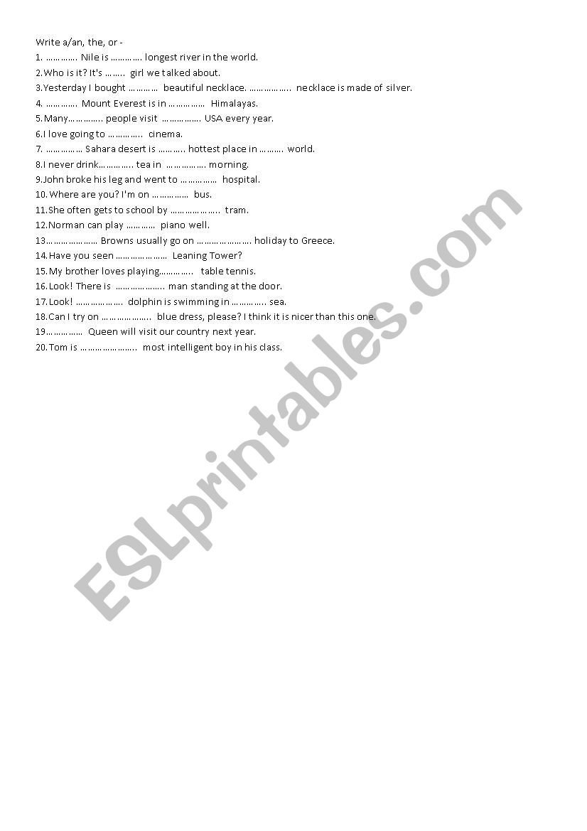 articles worksheet