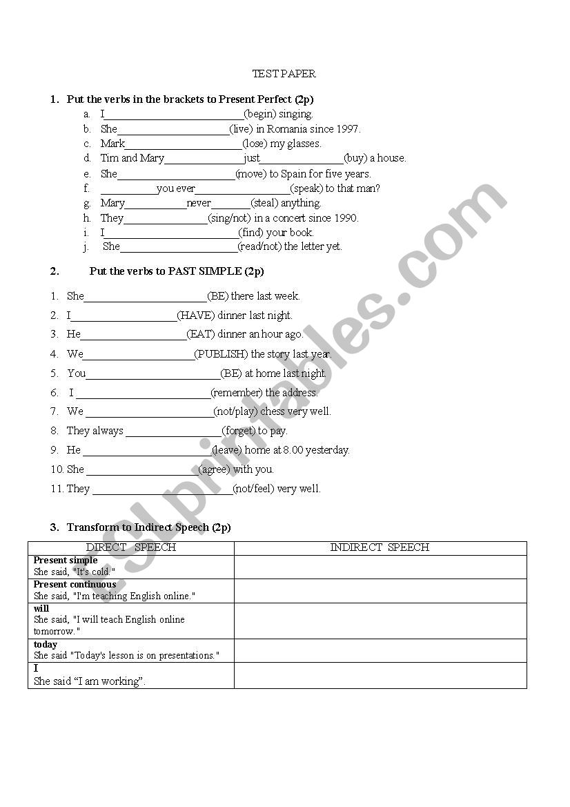 TEST PAPER worksheet