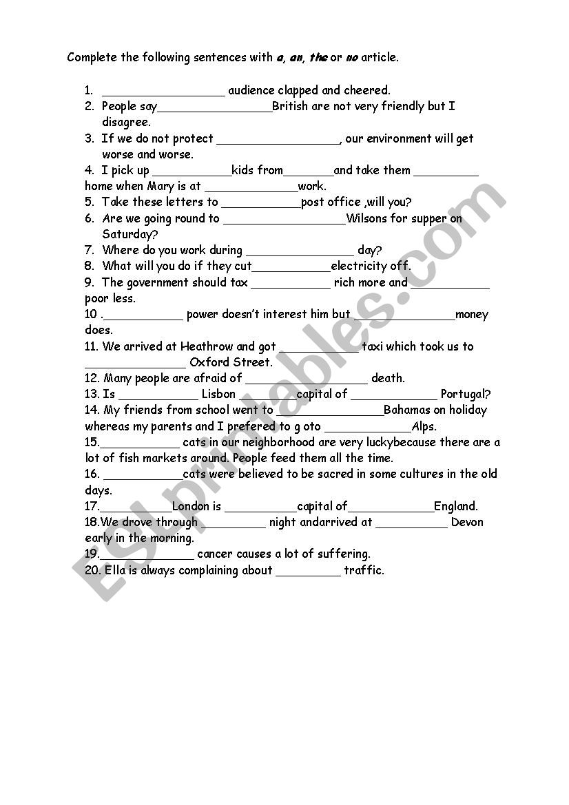 Articles worksheet