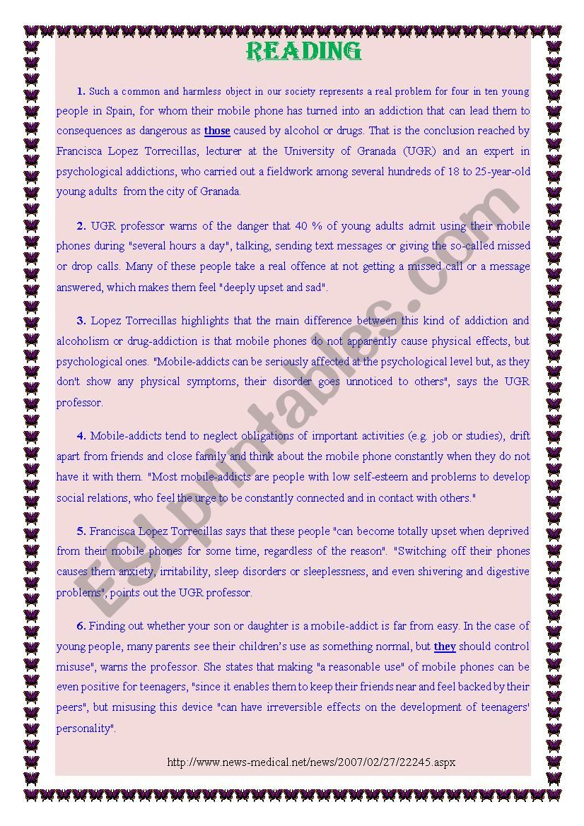 Reading test about mobile phonesÂ´ addiction with key answers (3rd form- 4th form /Tunisia)