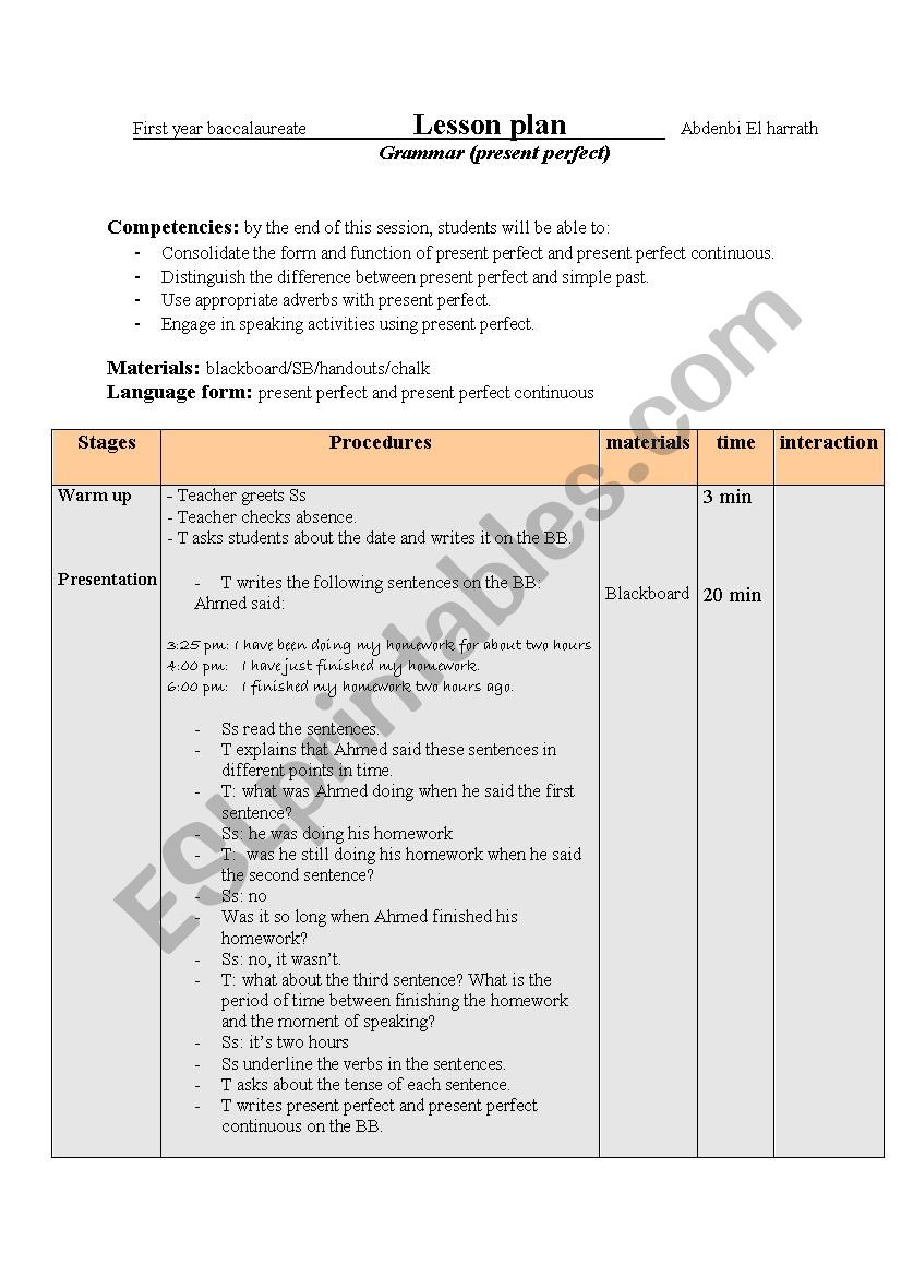 Lesson Plan For Present Perfect Tense Worksheet