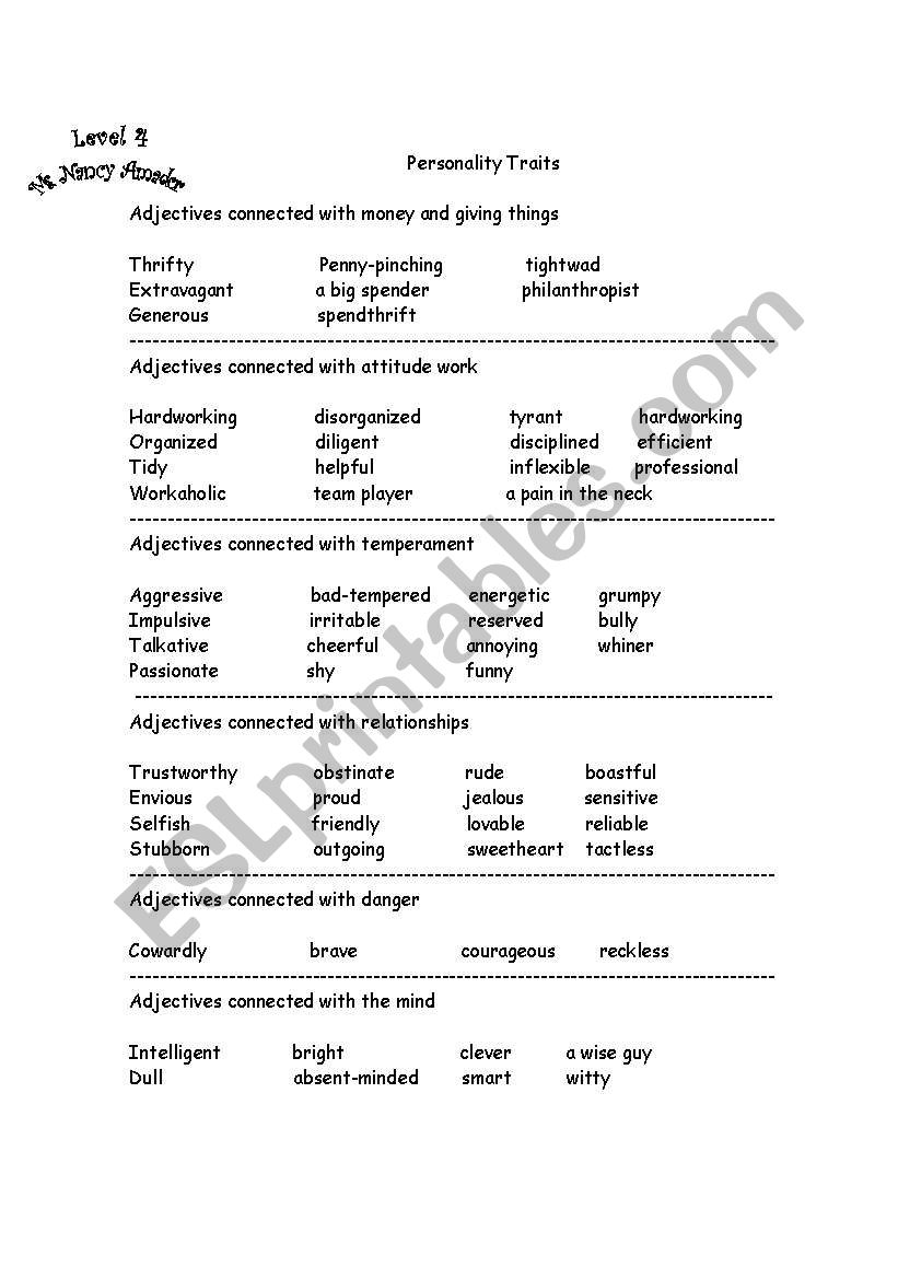 Personality Traits worksheet