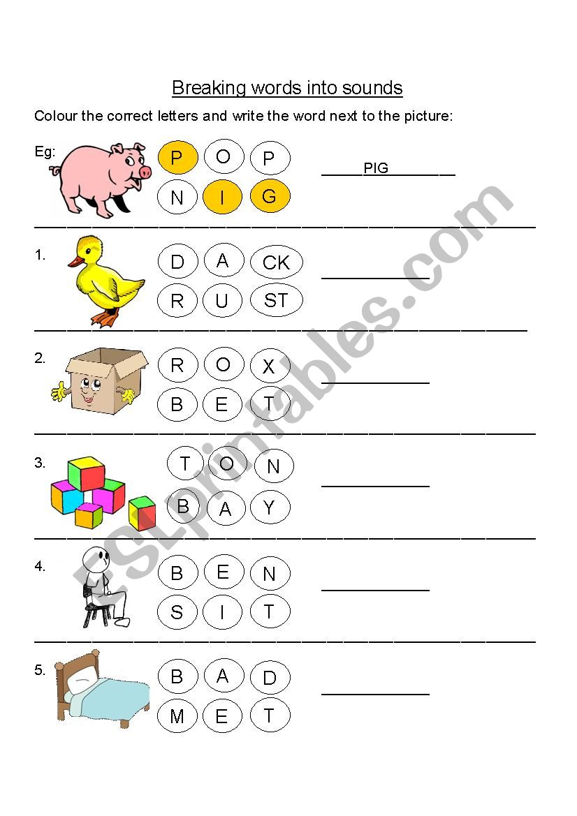 Breaking words into sounds worksheet