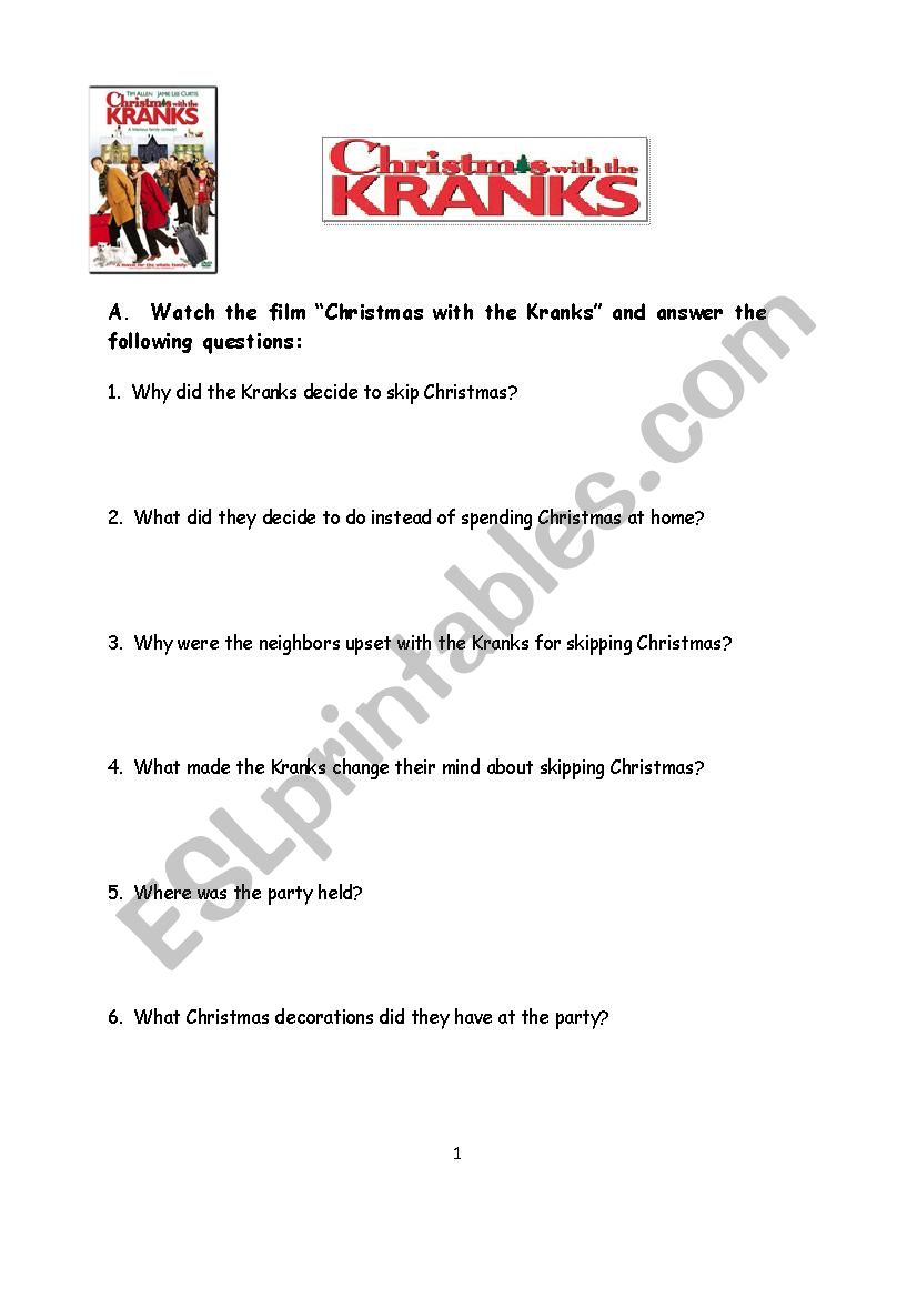 Christmas with the Kranks worksheet
