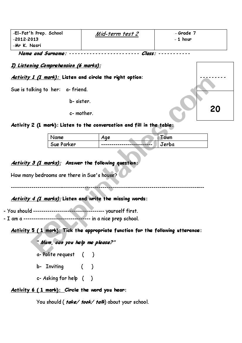 7th form mid-term test 2 worksheet