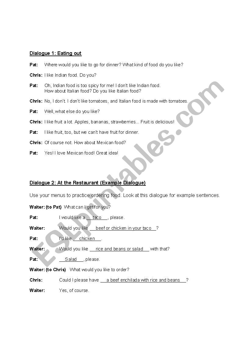 Restaurant Dialogue worksheet