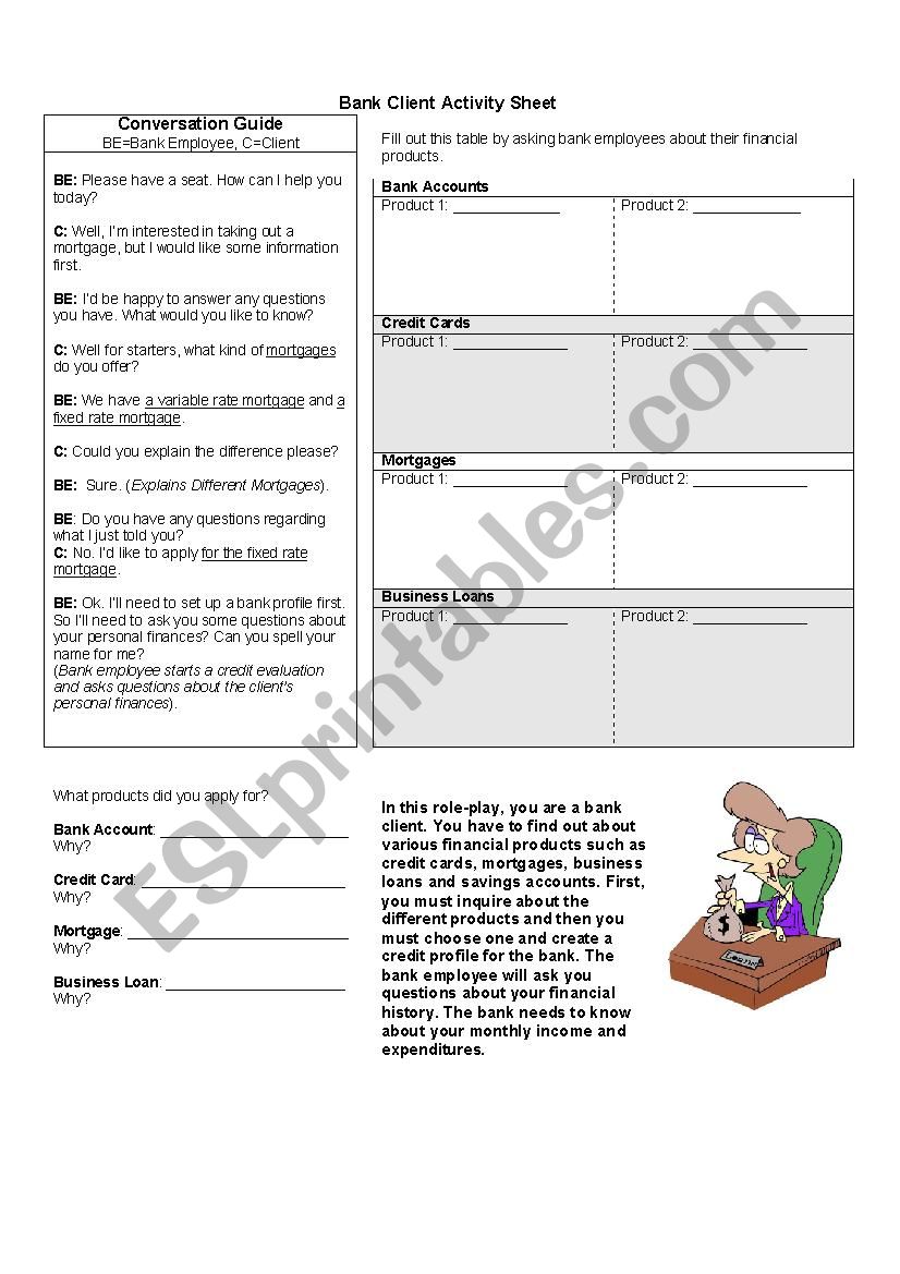 Bank Client speaking activity worksheet