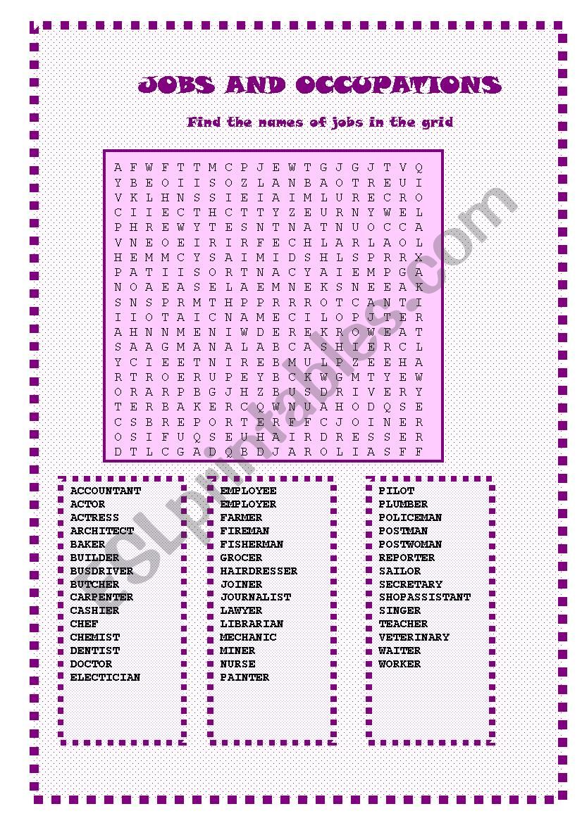Jobs and occpations :wordsearch