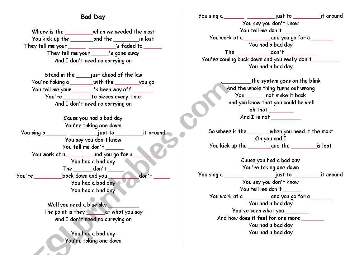 Bad Day - song worksheet