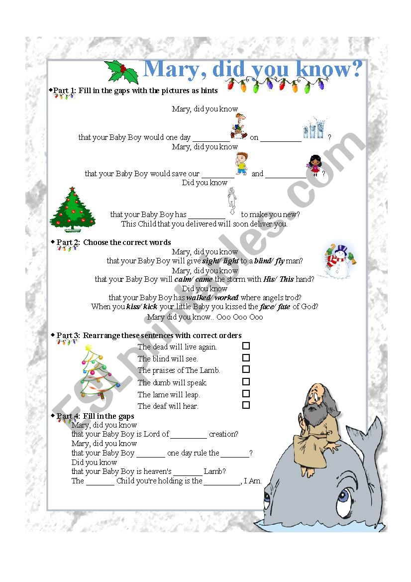 Song_ Mary did you know worksheet
