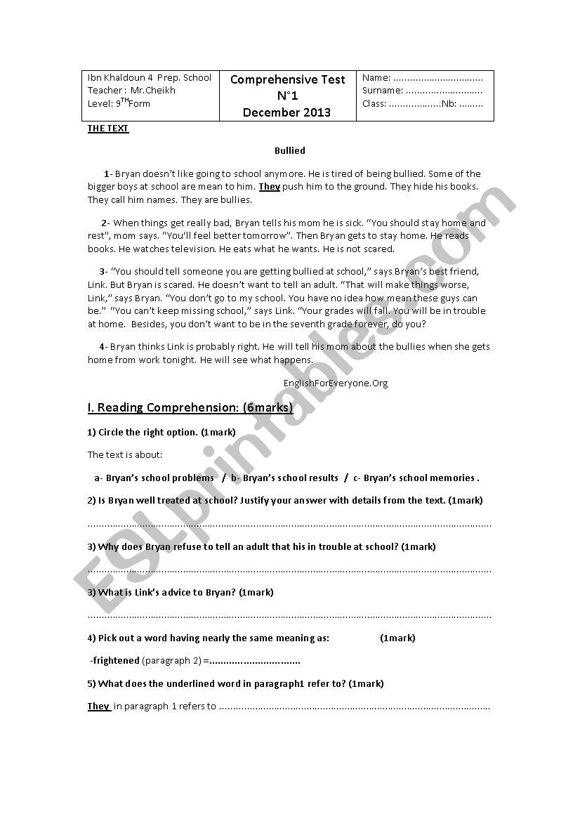 End of term test N°1  worksheet